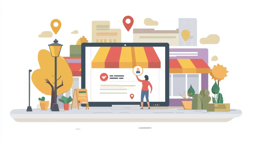 Eine Illustration eines Geschäfts, welches über ein Tablet gerade sein Profil für Suchmaschinen pflegt um für seine Kunden sichtbarer zu werden. Im Hintergrund sieht man einige Marker die an die Ziele eines Navigationssystems erinnern.
