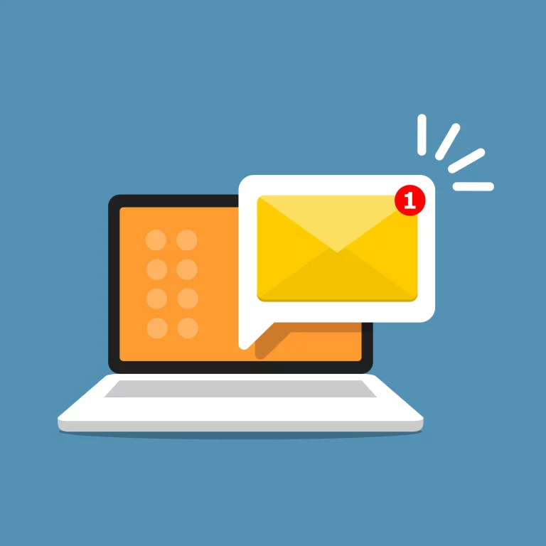 Eine Illustration, die einen Laptop zeigt auf dem eine neue E-Mail eingegangen ist.