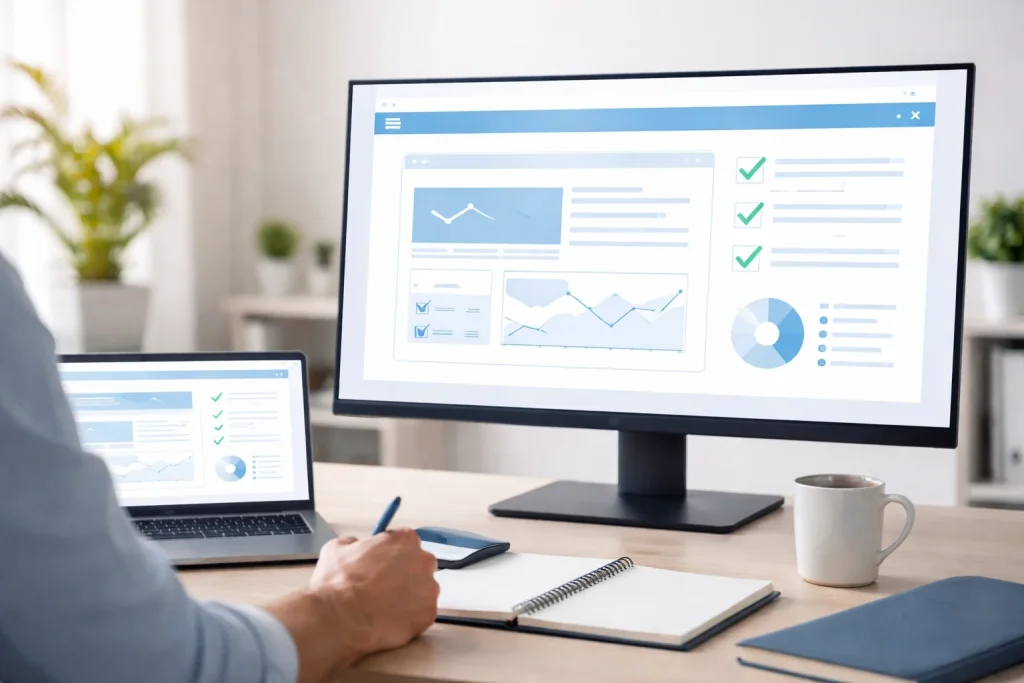 Analyse einer Website an modernem Arbeitsplatz mit Monitor und Laptop