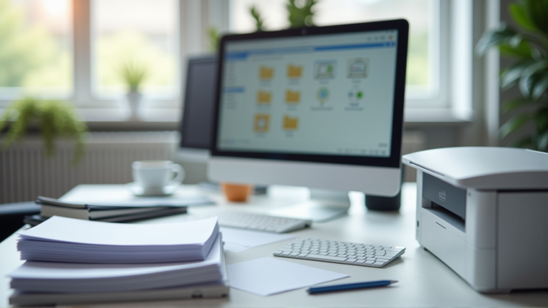 Aufgeraeumter Schreibtisch mit Monitor und Scanner fuer papierloses Buero mit DMS