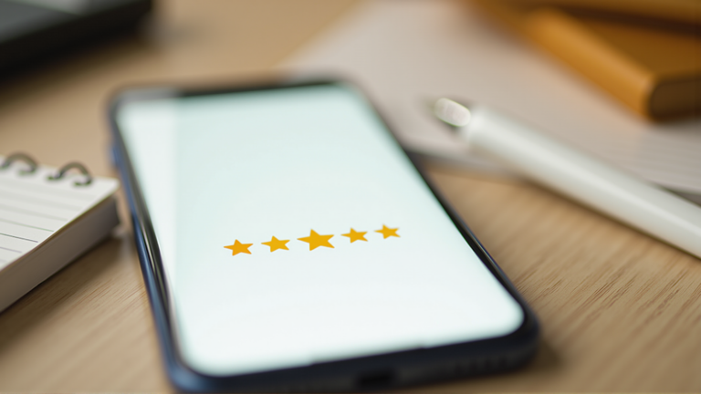 Smartphone zeigt 5-Sterne Google-Bewertung auf einem Büroschreibtisch
