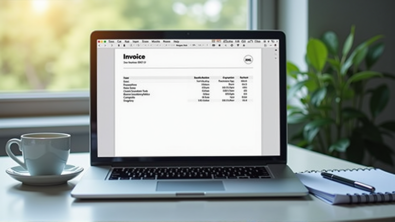 Laptop zeigt digitale E-Rechnung auf einem aufgeräumten Büroschreibtisch