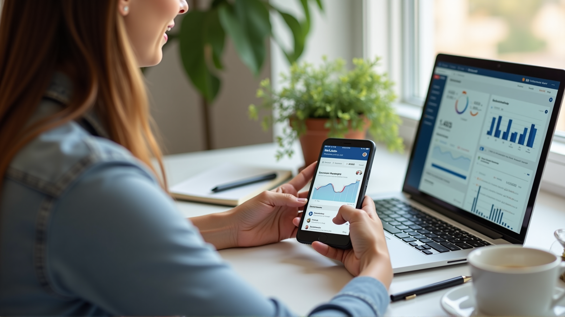 Unternehmer sitzt am Schreibtisch und verwaltet Social Media Kanäle auf Laptop und Smartphone