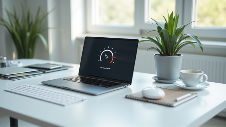 Laptop mit Performance-Messung auf einem modernen Büroschreibtisch – Symbolbild für Website-Ladezeit und Core Web Vitals