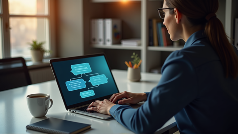 Unternehmer nutzt KI-Chat-Interface auf einem Laptop im modernen Büro