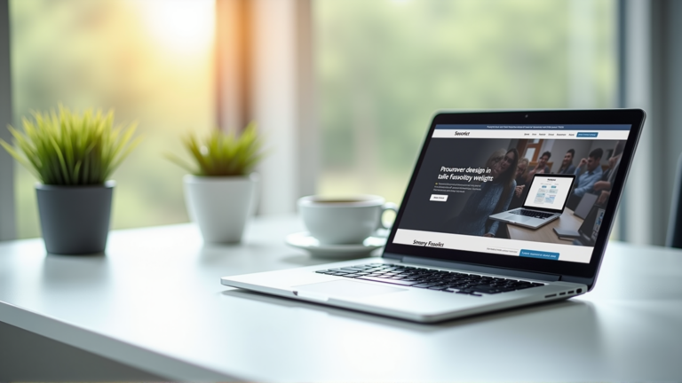 Moderner Laptop auf Büroschreibtisch zeigt professionelles Webdesign – Webdesign Trends 2026