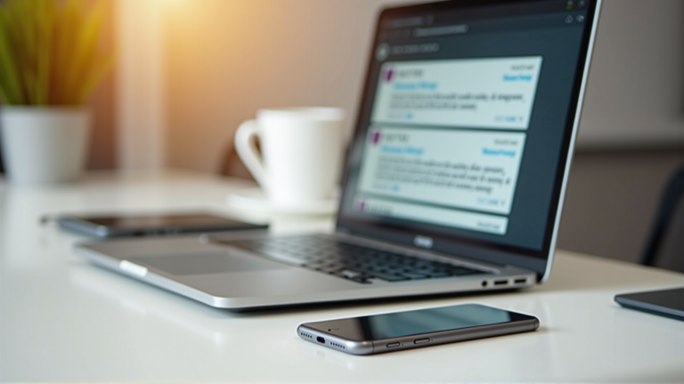 Smartphone und Laptop mit geöffnetem E-Mail-Postfach auf modernem Büroschreibtisch