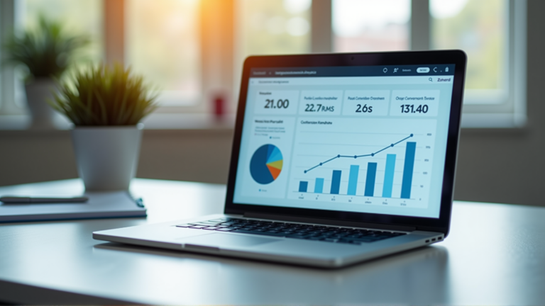 Laptop mit Website-Analytics-Dashboard zeigt steigende Conversion-Kurven auf modernem Büroschreibtisch