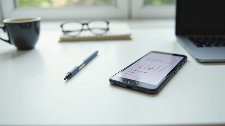 Smartphone mit Kalender-App für Online-Terminbuchung auf einem modernen Büroschreibtisch