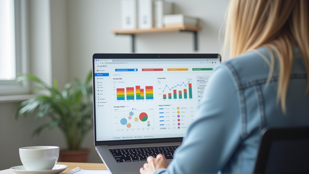 Unternehmer analysiert Google Ads Kampagnen am Laptop im modernen Büro