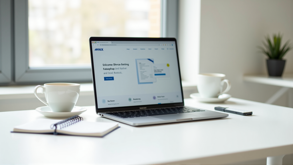 Modernes Webdesign Laptop auf weißem Schreibtisch mit Kaffee und Notizbuch