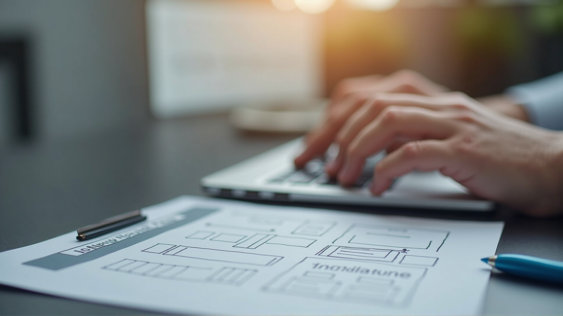 Hände tippen auf modernem Keyboard mit Website-Wireframe Sketch