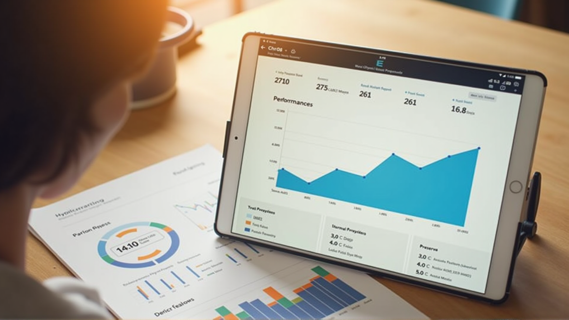 Tablet zeigt Analytics-Charts neben gedruckten Reports auf Holztisch