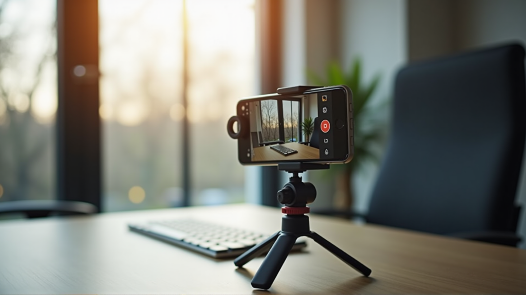 Professioneller Video-Aufnahme-Arbeitsplatz mit Smartphone auf Stativ und Ring Light