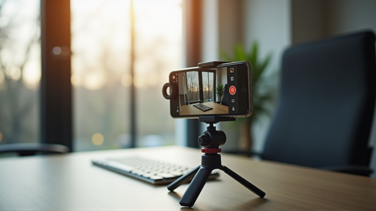 Professioneller Video-Aufnahme-Arbeitsplatz mit Smartphone auf Stativ und Ring Light