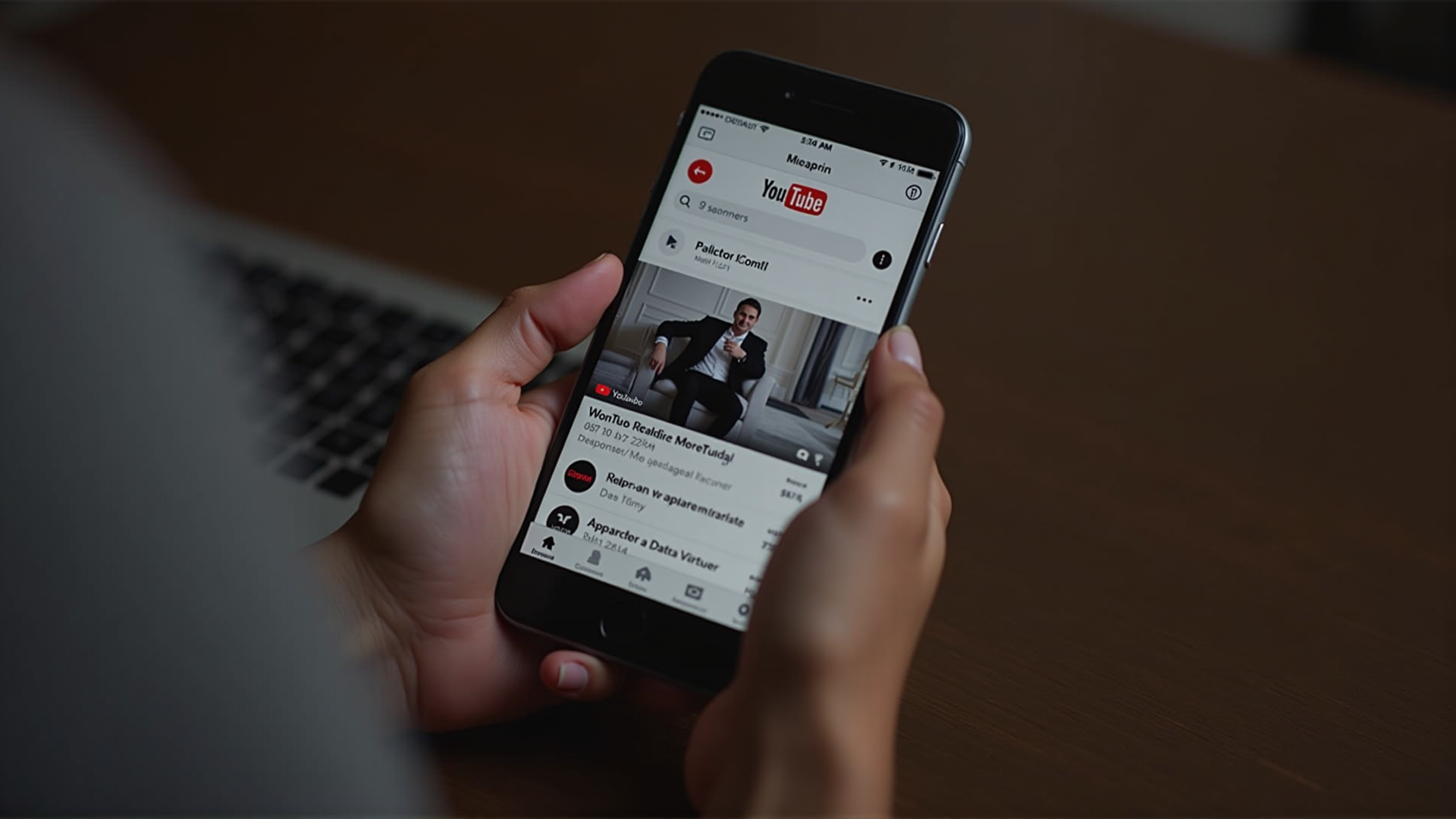 Hände halten Smartphone mit YouTube-Interface