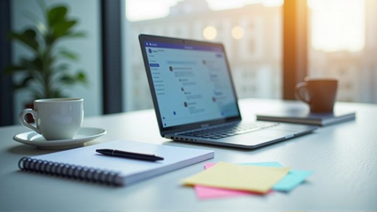 Moderner Arbeitsplatz mit Laptop und ChatGPT-Interface, Notizbuch und Kaffee auf Schreibtisch mit natürlichem Licht