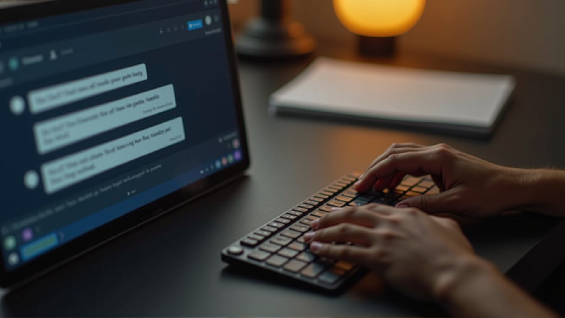 Nahaufnahme: Hände tippen auf Tastatur während ChatGPT-Konversation auf Tablet sichtbar ist