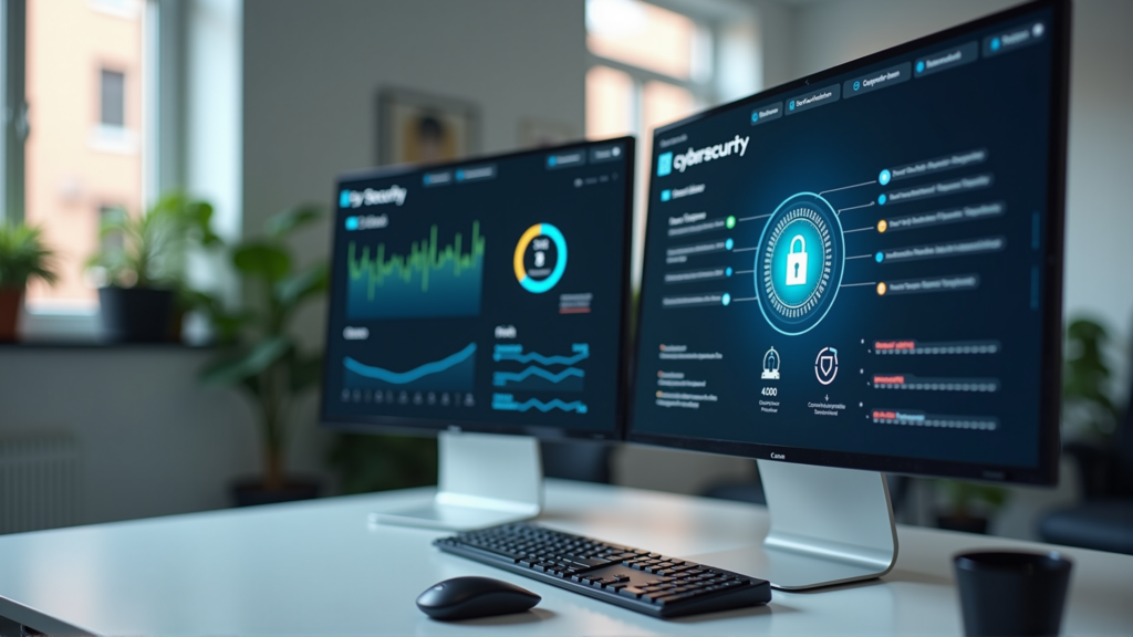 Cybersicherheit Dashboard auf einem modernen Büro-Monitor mit Schutz-Icons und Sicherheitsstatus