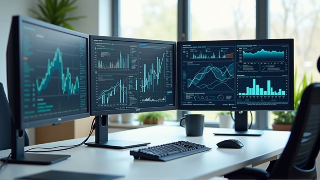 Moderner Arbeitsplatz mit Mehrschirm-Setup, Business-Automation und Analytics auf den Displays