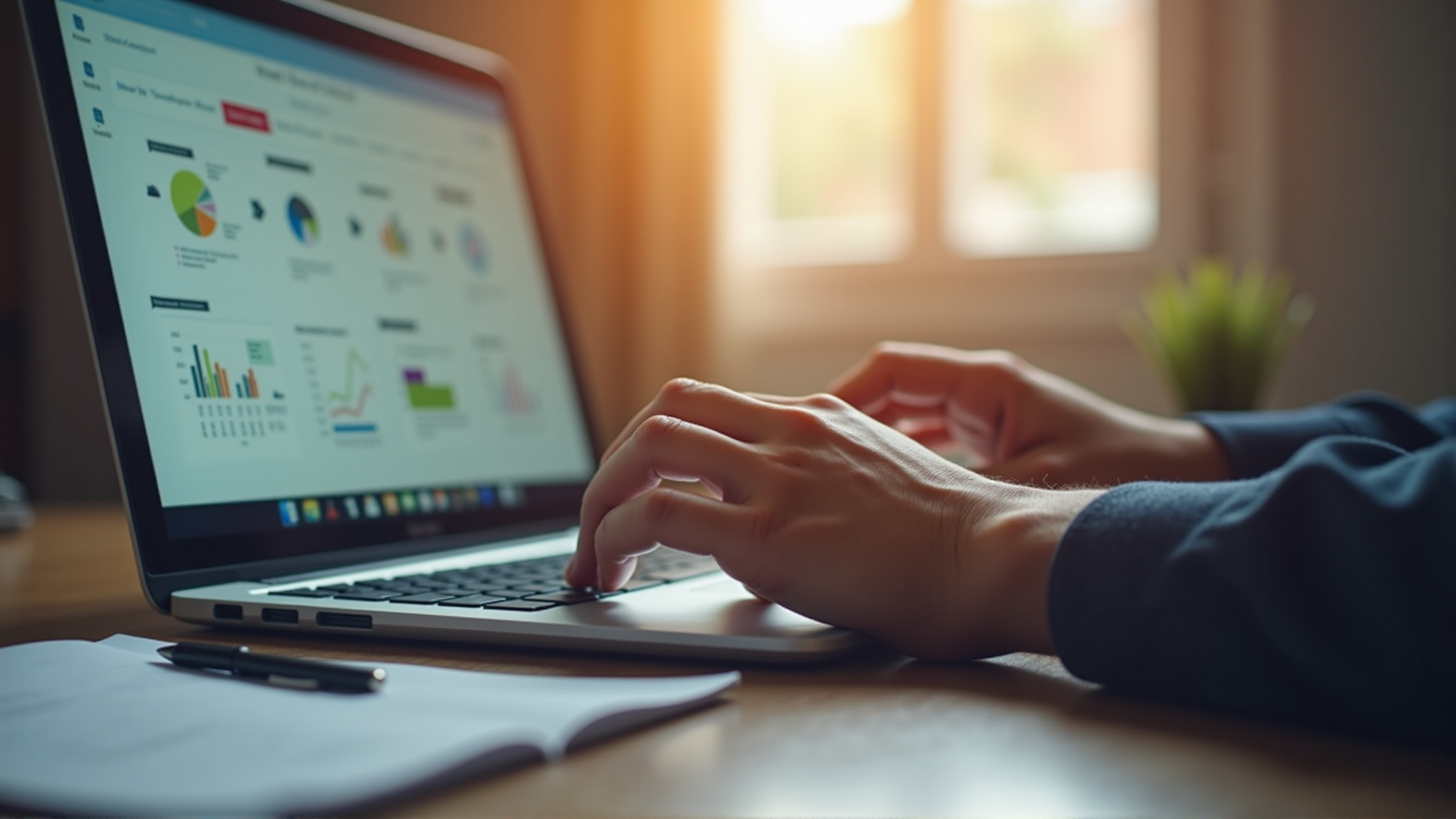 Nahaufnahme: Hände auf Tastatur mit Prozessdiagrammen auf dem Bildschirm