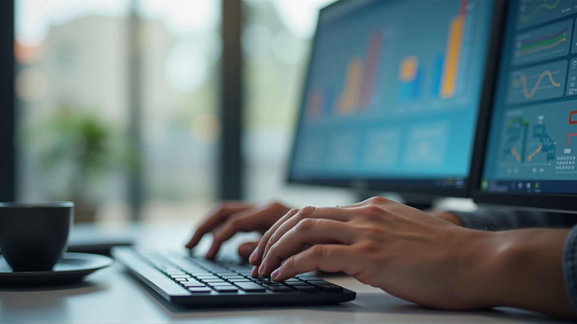 Hände tippen auf Tastatur mit Workflow-Diagrammen auf Monitor