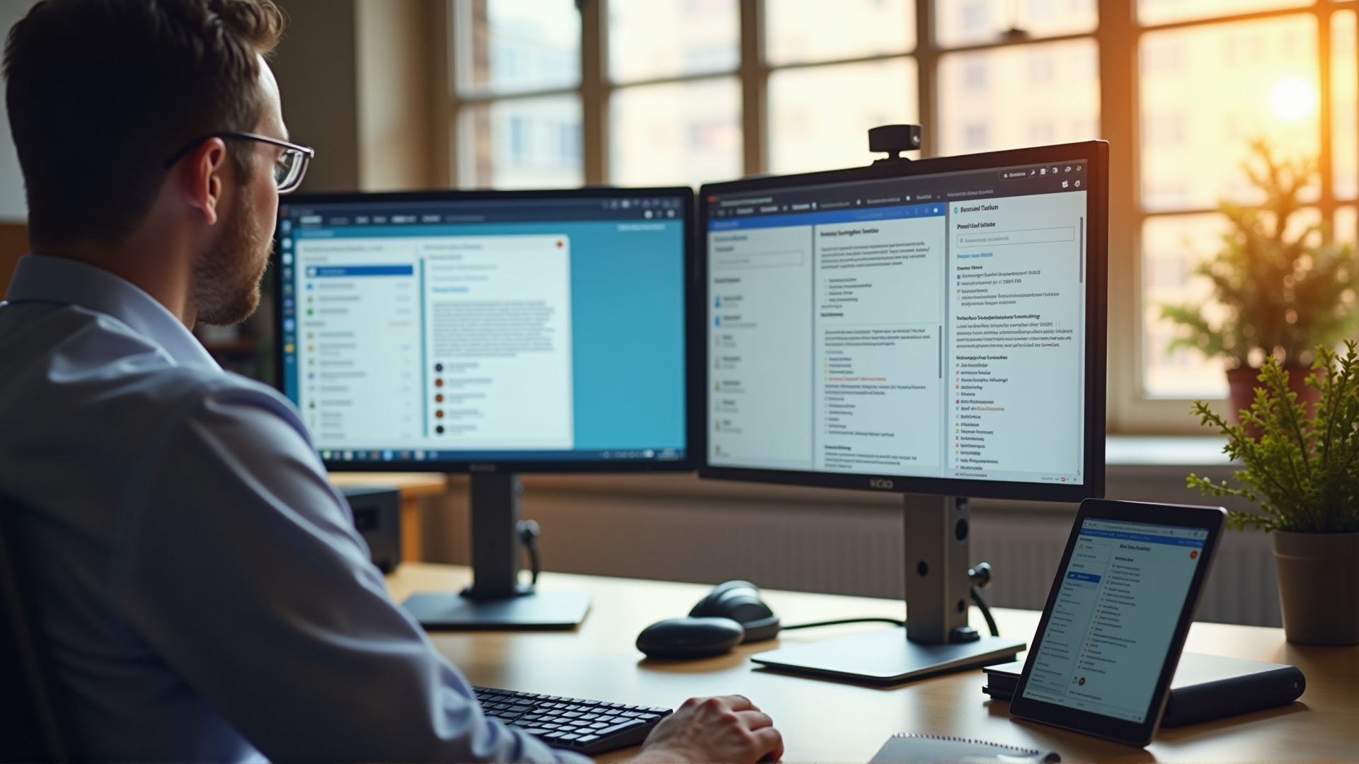Moderner Büroarbeitsplatz mit mehreren Monitoren und Marketing-Automation Tools