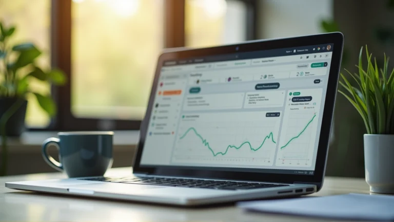 Laptop mit KI-Dashboard auf Schreibtisch in modernem Büro – KI-Agenten für Unternehmen