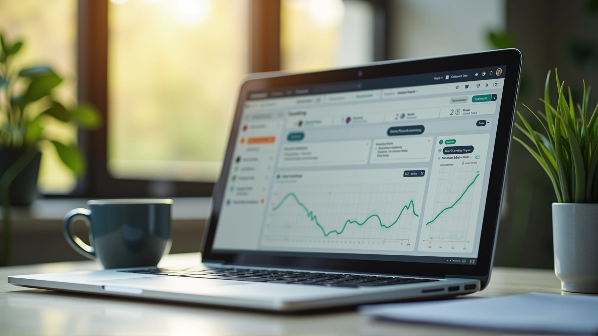 Laptop mit KI-Dashboard auf Schreibtisch in modernem Büro – KI-Agenten für Unternehmen