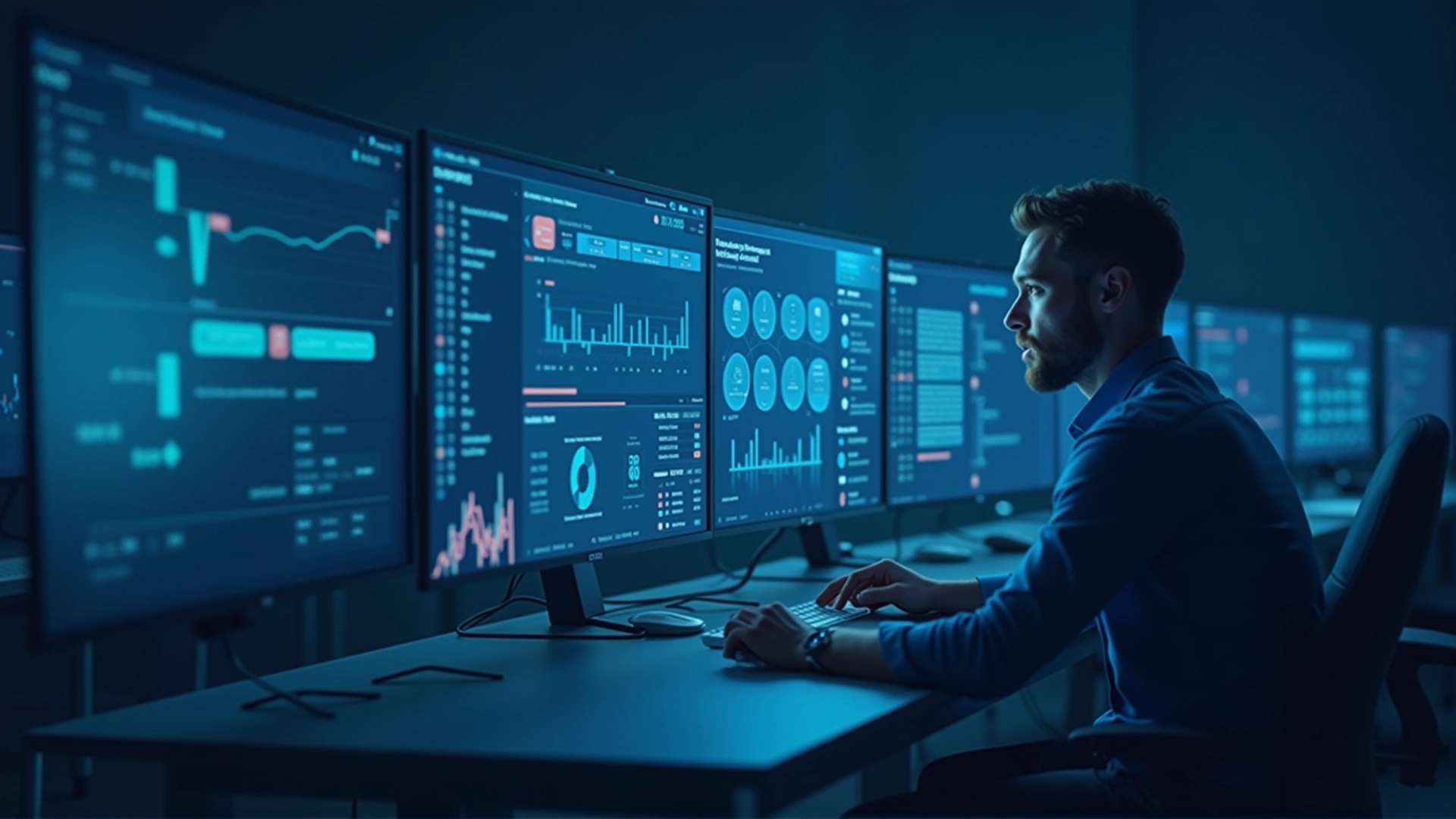 KI-Automatisierung -- Modernes Büro mit automatisierten Workflows auf mehreren Bildschirmen