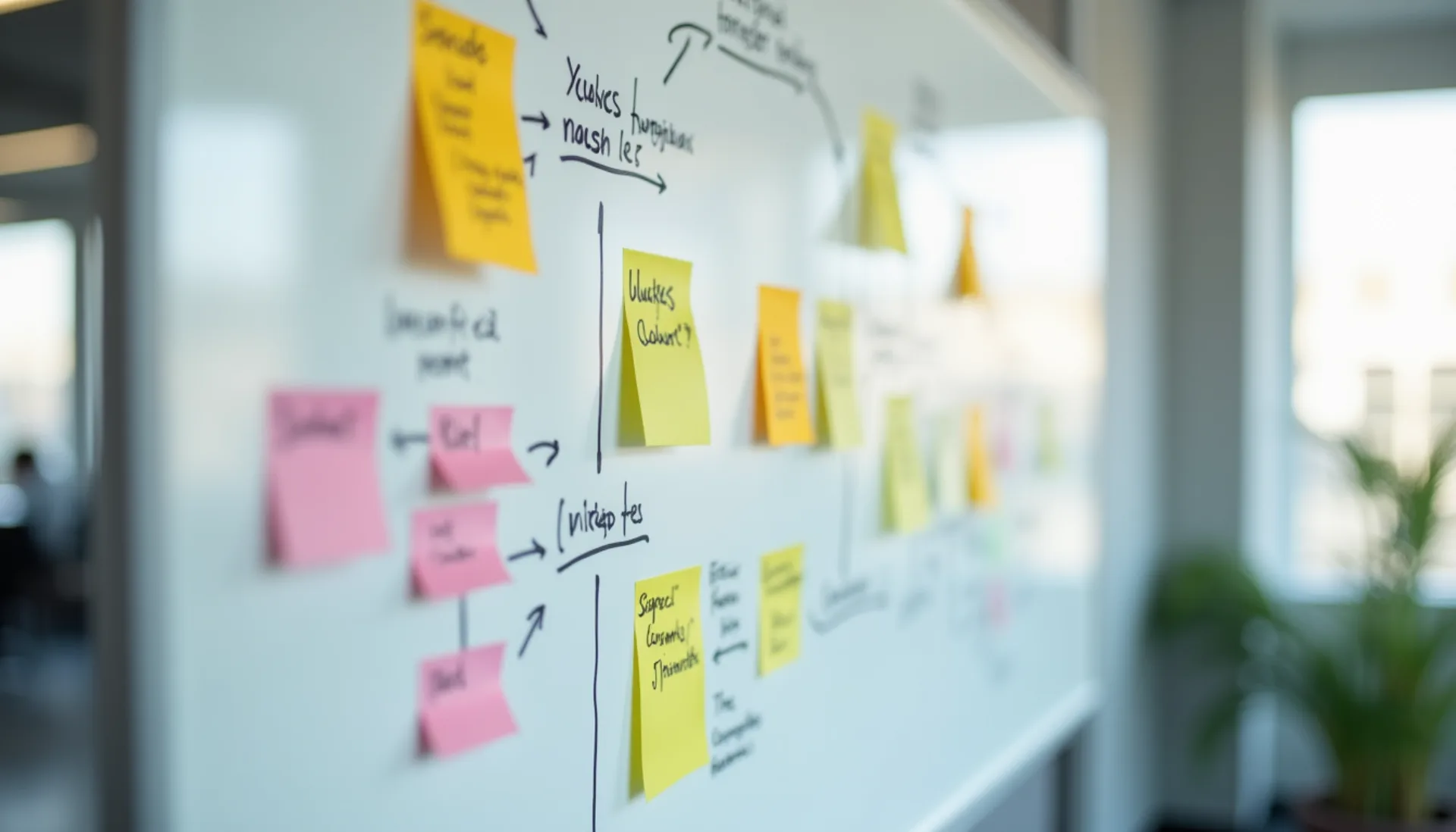 KI-Strategie-Workshop: Whiteboard mit Workflow-Diagrammen