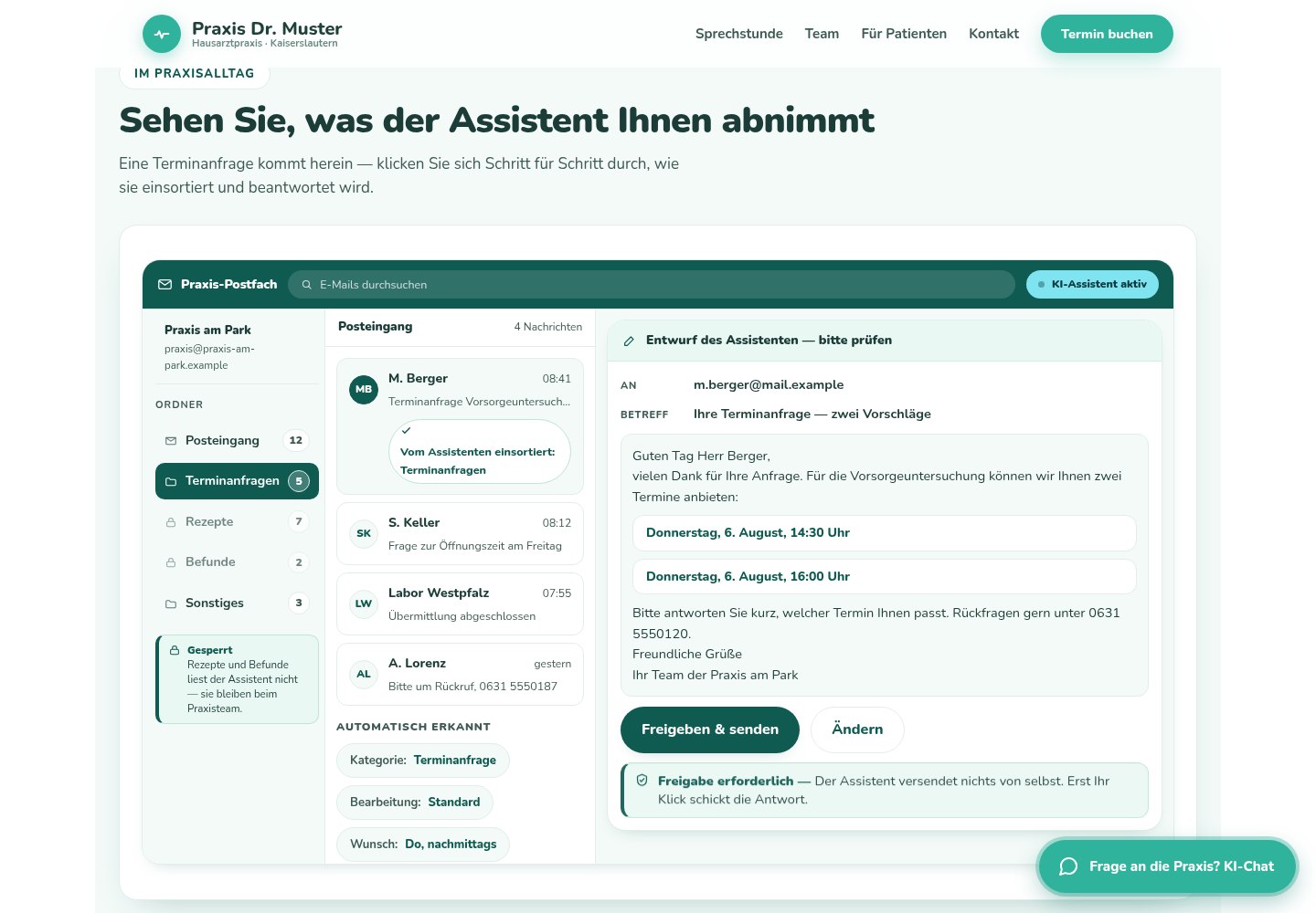 Eine Terminanfrage wird zum geprüften Antwortentwurf.