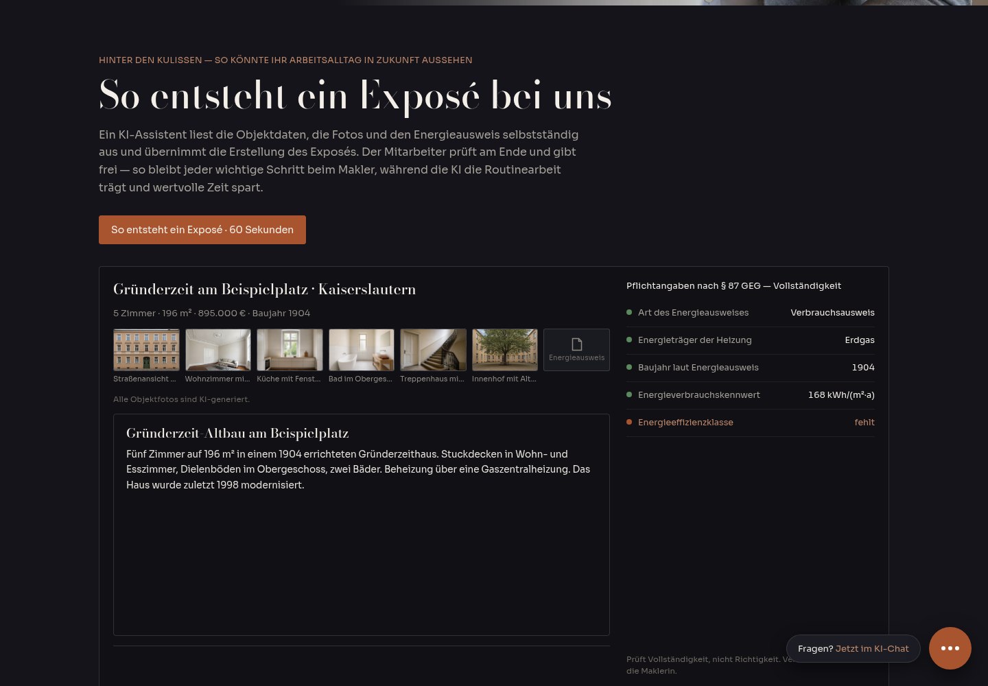 Aus Objektdaten entsteht ein prüfbarer Exposé-Entwurf.