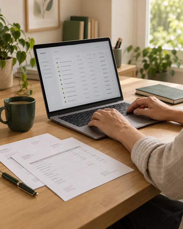 Illustration eines Arbeitsplatzes: Rechnungen am Laptop bearbeiten