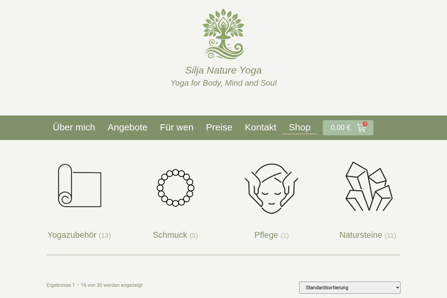 Der bestehende WooCommerce-Shop auf der öffentlichen Website von Silja Nature Yoga. Aufnahme vom September 2026.