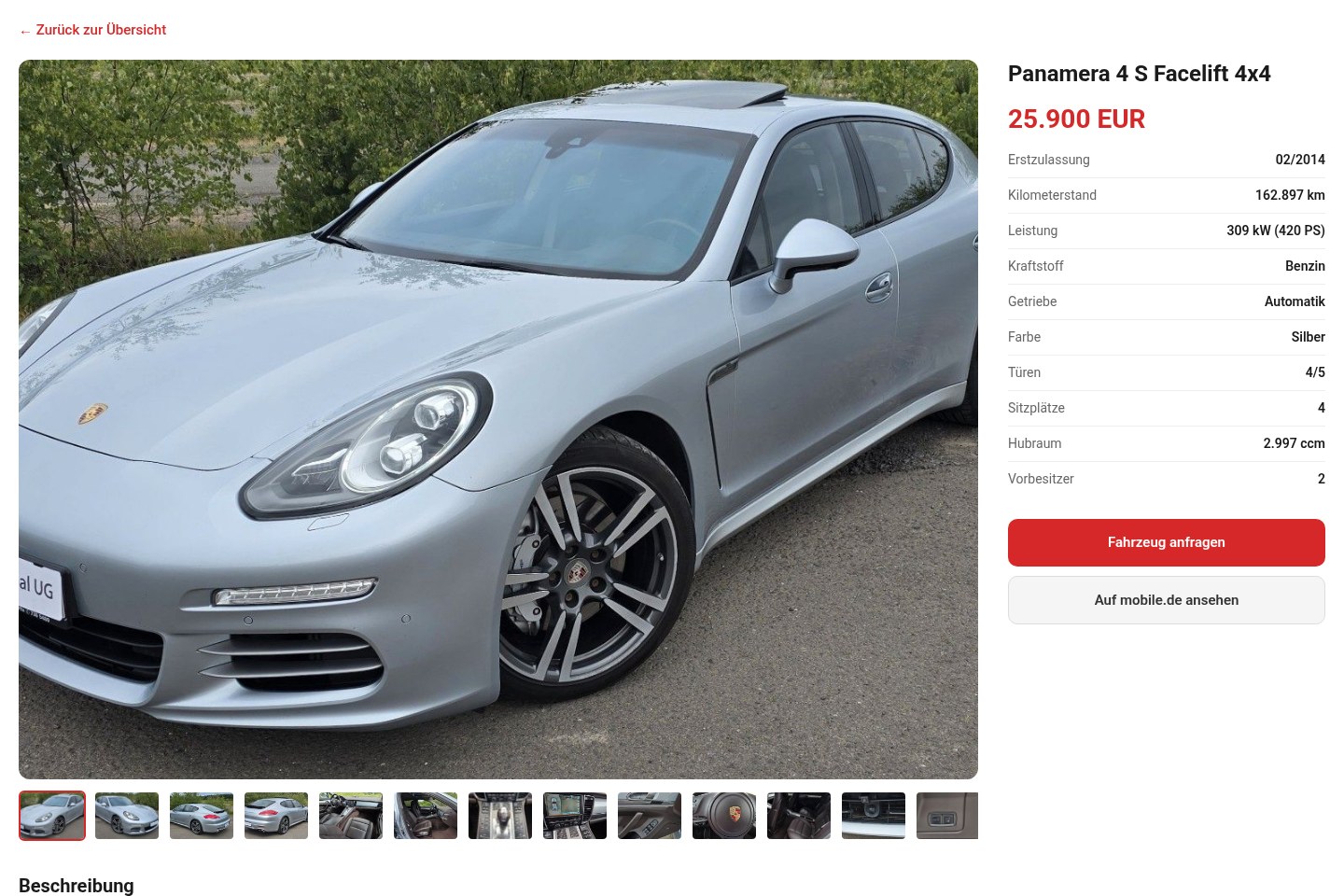 Detailansicht eines über mobile.de übernommenen Fahrzeugs auf der Weiherberg-Website. Inserat zum Aufnahmezeitpunkt im September 2026.