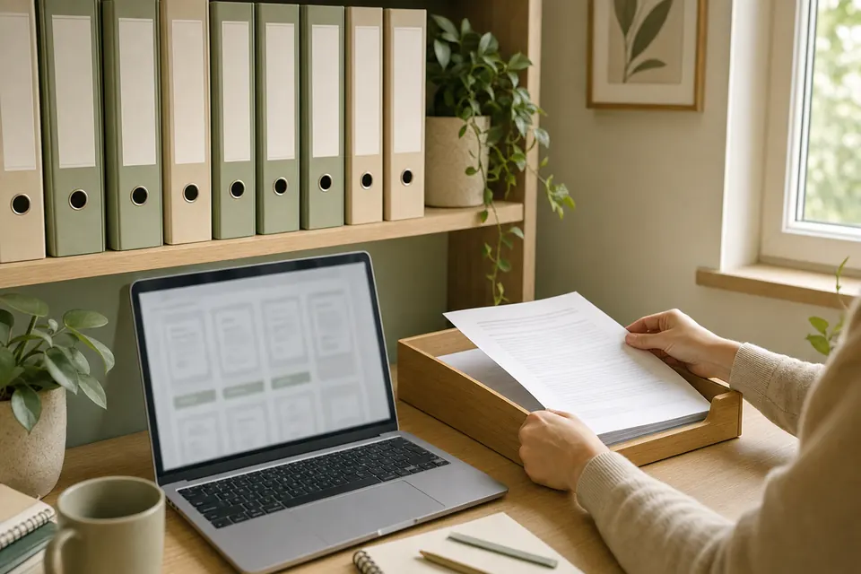 Regal mit Aktenordnern über einem Schreibtisch, ein Blatt wird in die Ablage gelegt, auf dem Laptop eine Übersicht der Dokumente