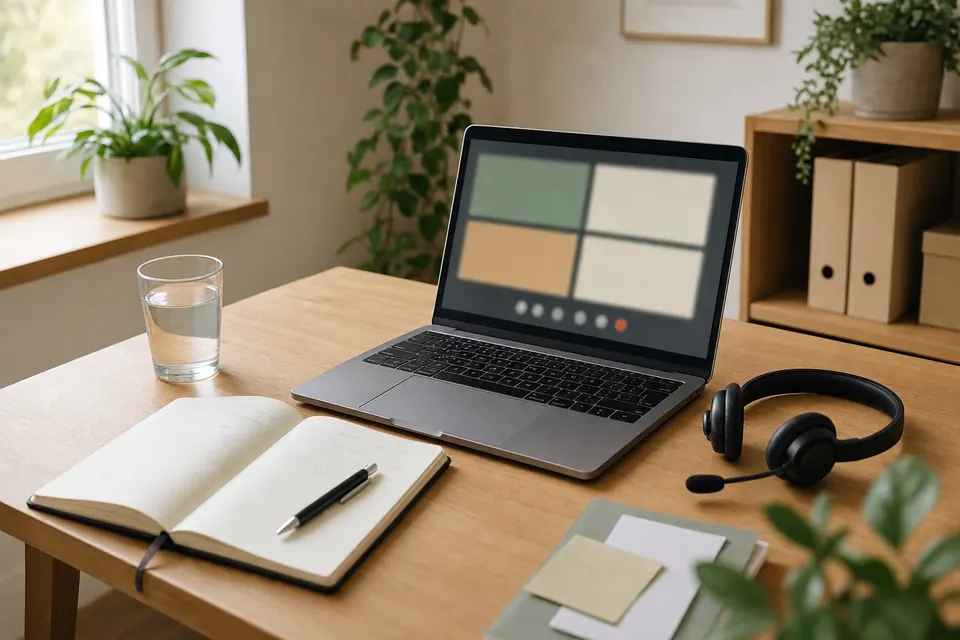 Schreibtisch mit Laptop für ein Videogespräch, Headset und aufgeschlagenem Notizbuch