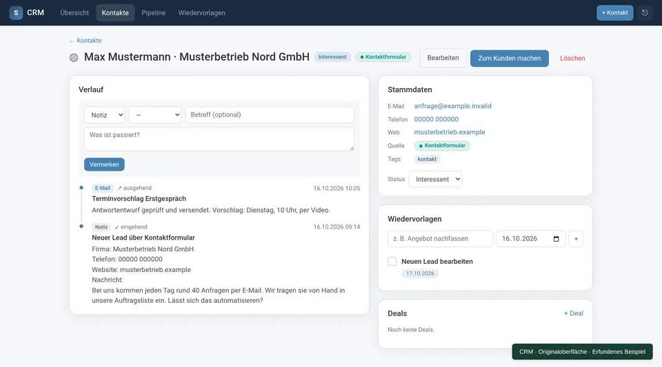 CRM-Kontakt mit einer Anfrage aus dem Website-Formular, Nachricht im Verlauf und Wiedervorlage