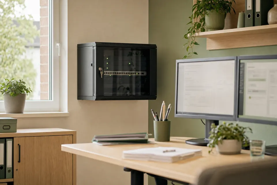 Abschließbarer Netzwerkschrank mit kleinem Server an einer Bürowand