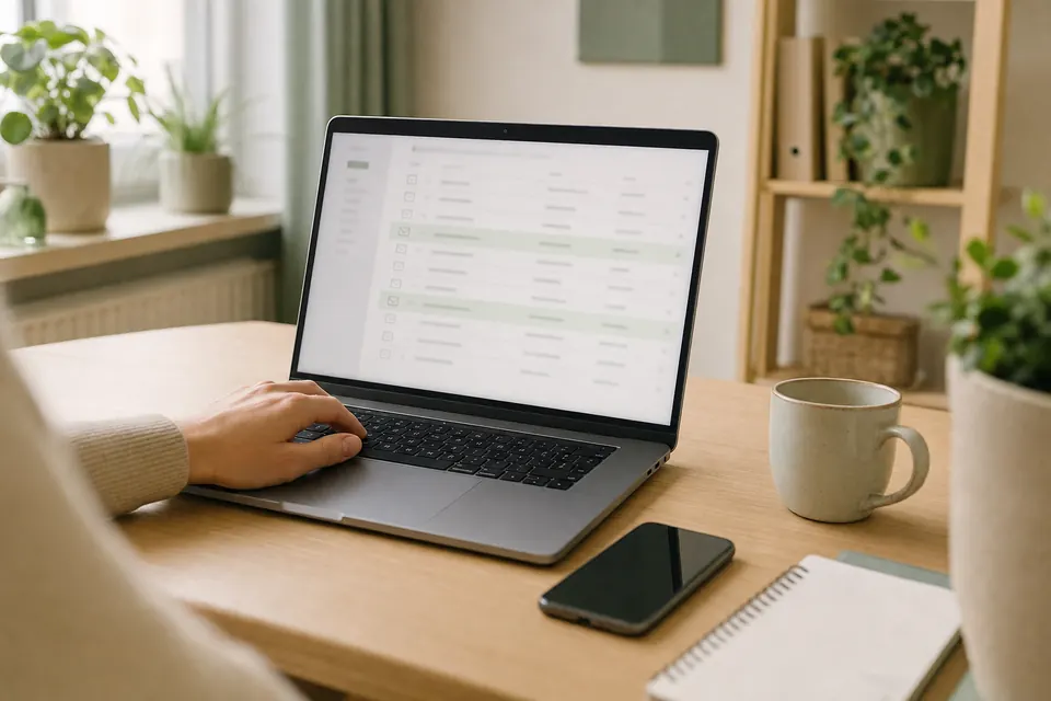 Laptop mit geöffnetem E-Mail-Postfach auf einem Schreibtisch, daneben Smartphone, Notizblock und Kaffeebecher