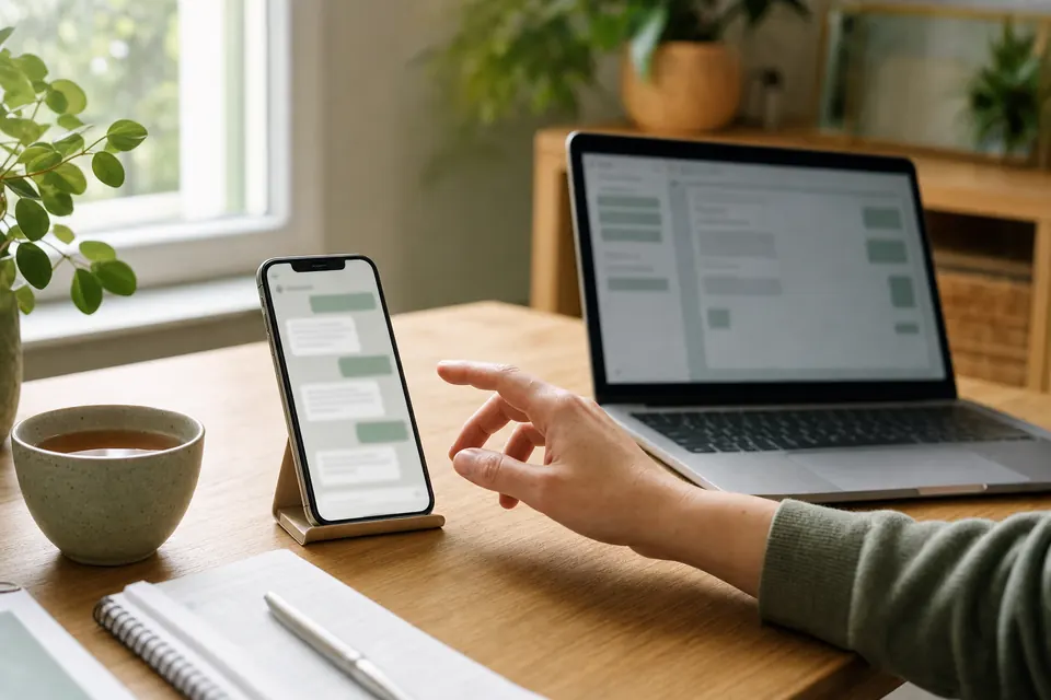 Smartphone mit einer Antwort im Chatfenster einer KI-Suche, daneben ein Laptop und eine Tasse Tee