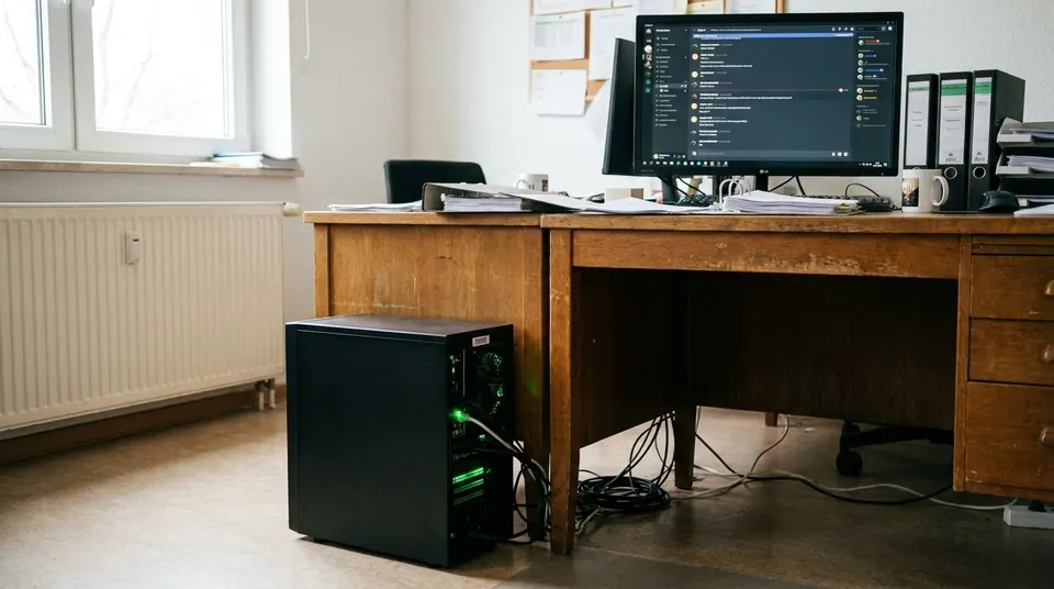 Büro mit Schreibtisch und Bildschirmen, unter dem Tisch ein kleiner Server für die KI