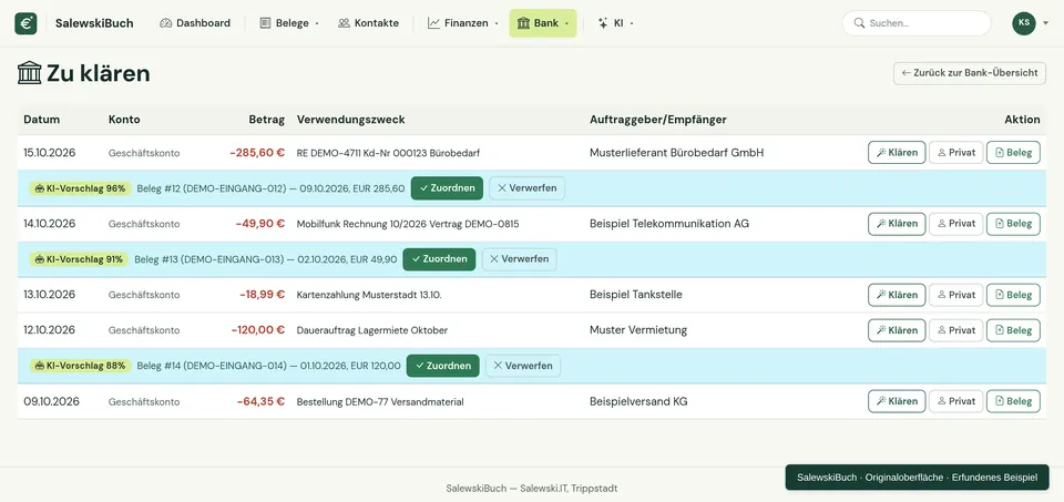 SalewskiBuch: Die KI schlägt zu offenen Bankbuchungen den passenden Eingangsbeleg vor, erfundene Beispieldaten