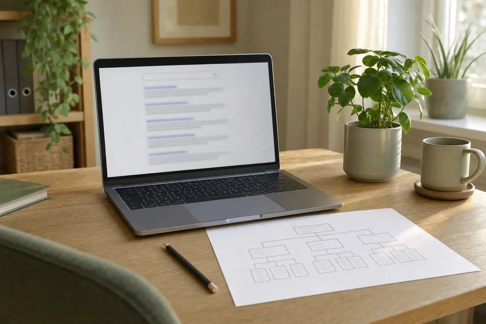 Laptop mit einer Suchergebnisseite, daneben eine Skizze der Seitenstruktur einer Website