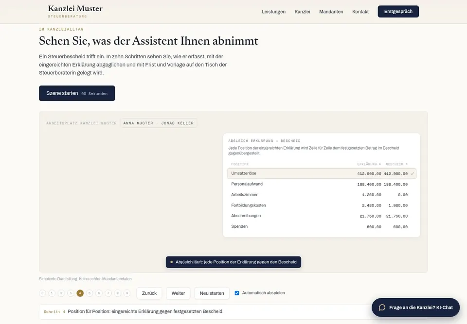 Branchenbeispiel Steuerkanzlei: Der Assistent gleicht einen Steuerbescheid Position für Position mit der eingereichten Erklärung ab