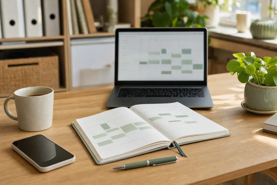 Aufgeschlagener Wochenplaner mit markierten Terminen, daneben Smartphone und Laptop mit Kalender