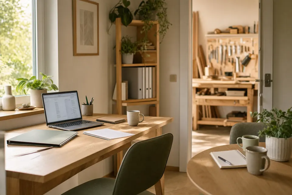 Büro eines Handwerksbetriebs mit Besprechungstisch, Laptop und Auftragsunterlagen, im Hintergrund die Werkstatt